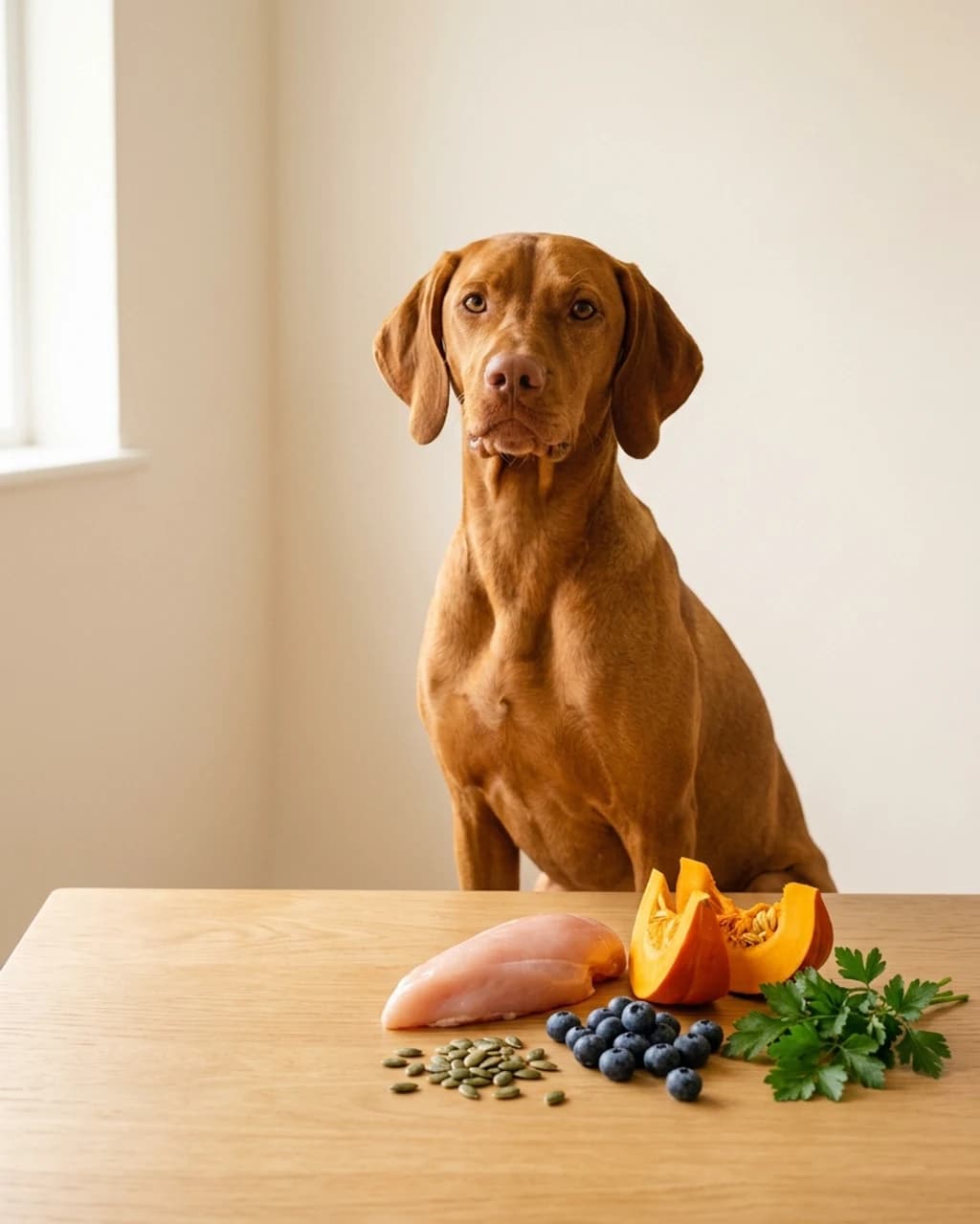 Un perro adulto sano detrás de una mesa con ingredientes crudos: pechuga de pollo, calabaza, arándanos, semillas y perejil